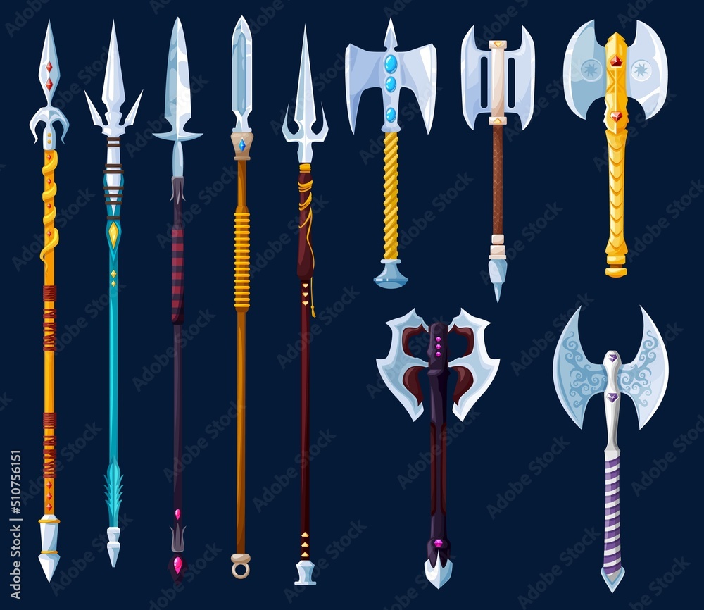 Magical cartoon steel axes, hatchets, spears and lances, vector fantasy  weapon of medieval knight, viking or warrior. Magic game user interface  game asset of bladed weapons with gemstones and ornament Stock Vector