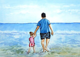Padre con figlia al mare, acquerello