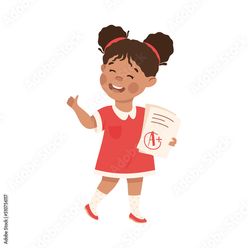 Little Girl Standing with School Mark and Talking to Somebody Engaged in Friendly Communication Vector Illustration