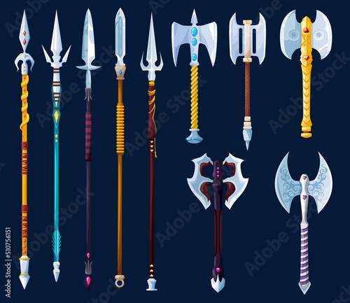 Magical cartoon steel axes, hatchets, spears and lances, vector fantasy weapon of medieval knight, viking or warrior. Magic game user interface game asset of bladed weapons with gemstones and ornament