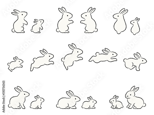 白ウサギの親子の手描き風イラストセット