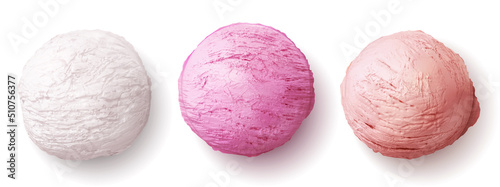 Ice cream ball realistic vector illustration. Color sphere scoop sundae or sorbet 3D isolated icons on white background, cold summer milk dessert with various taste