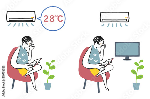 エアコンを28℃に設定した部屋で読書をしくつろぐ女性　セット　イラスト素材
