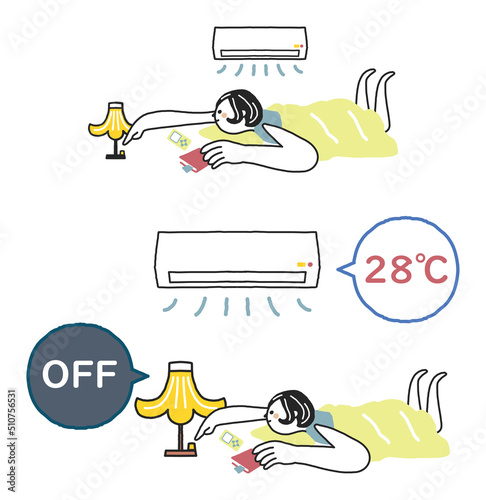 エアコンの温度を28℃に設定して照明を消そうとしている女性　セット　イラスト素材
