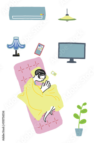 エアコンや照明のある部屋で快適な睡眠をしている女性　セット　イラスト素材
