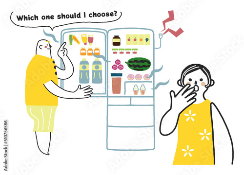 冷蔵庫を開けっ放しにしている男性とそれを見て驚いている女性　イラスト素材
