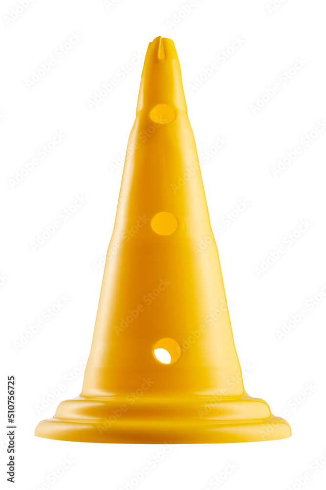 yellow plastic cone for sports or for road marking, on a white background