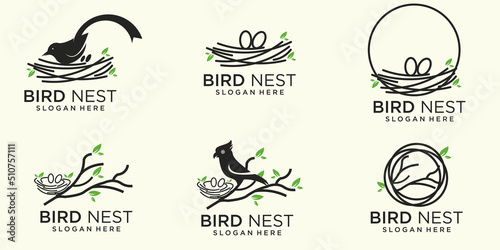 set line illustration of natural bird's nest icon logo with beautiful roots and leaves symbols.