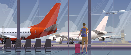 Terminal at the airport with a view of the planes. Vector.