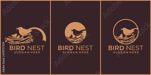 set line illustration of natural bird's nest icon logo with beautiful roots and leaves symbols.