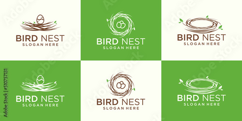 set line illustration of natural bird's nest icon logo with beautiful roots and leaves symbols. photo