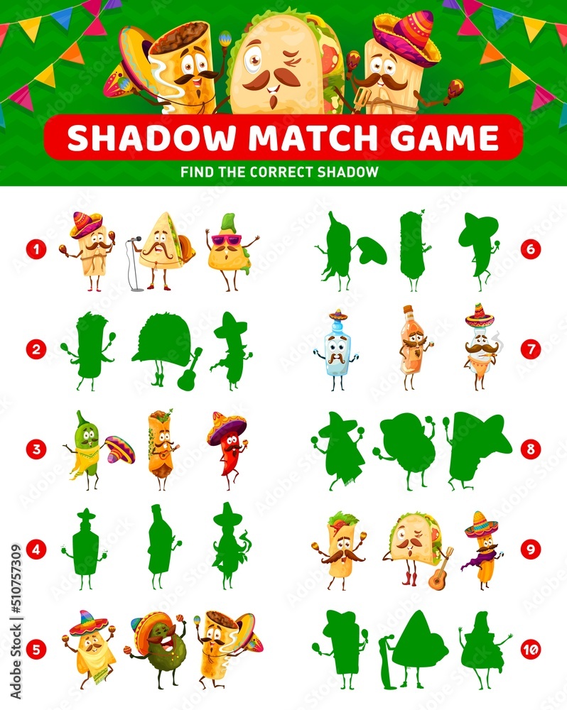 Shadow match game of cartoon tex-mex mexican food characters. Vector worksheet of kids education puzzle, riddle or quiz with funny burrito, taco, nachos and chili pepper, quesadilla, churros, tamale