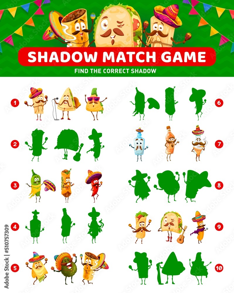 Shadow match game of cartoon tex-mex mexican food characters. Vector worksheet of kids education puzzle, riddle or quiz with funny burrito, taco, nachos and chili pepper, quesadilla, churros, tamale Shadow match game of cartoon tex-mex mexican food characters. Vector worksheet of kids education puzzle, riddle or quiz with funny burrito, taco, nachos and chili pepper, quesadilla, churros, tamale