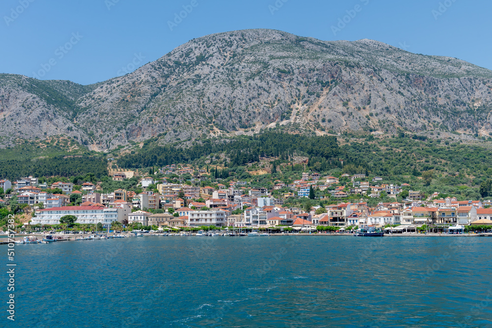 Ionian Sea, Greece-05.24.2022. A general view from the sea of the port town of Astakos on the Greek Ionian coast.