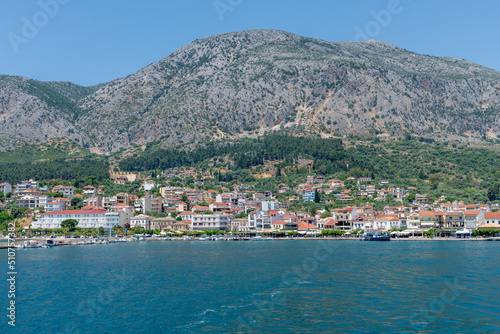Ionian Sea, Greece-05.24.2022. A general view from the sea of the port town of Astakos on the Greek Ionian coast.