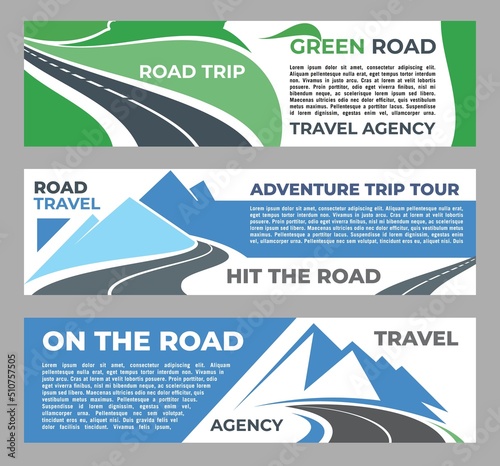 Road trip travel banners of city journey with highway vector background for tourism agency. Business travel summer tours and raod tourism banners with flat landscape of mountains and pathway road