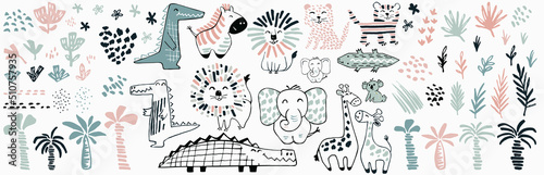 African animal cute summer print set. Cool minimalistic illustration.