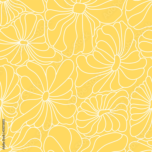 Abstract retro 70s background. Psychedelic vector seamless pattern. Groovy 60s fashion print. Vintage hippie floral illustration. Old school wavy line art wallpaper