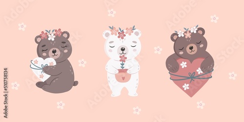 Cute bears with flowers collection. Lovely bears holding hearts. Vector postcard in flat style. Hand drawn vector illustration for print, shirt, greeting, invitation, card, textile.