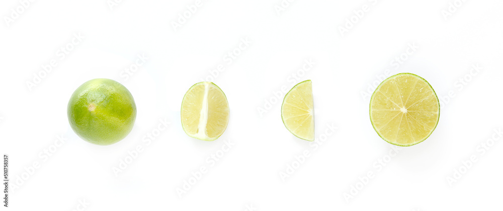 Set of green lime fruit on white background, isolated.