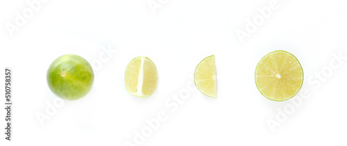 Set of green lime fruit on white background, isolated.