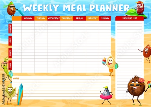 Weekly meal planner, cheerful nuts characters on summer beach, vector schedule. Food plan for week or calendar menu check and shopping list. Cartoon coconut, bean and pistachio, almond and peanut