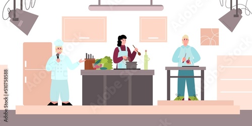 Characters cooking on TV show flat style, preparing food