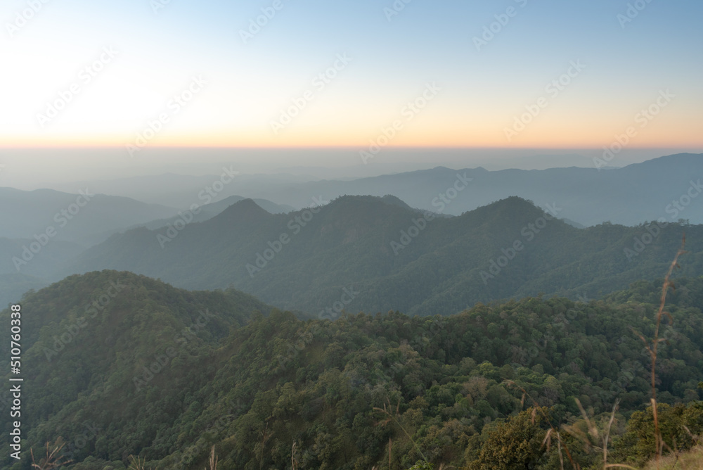 Beautiful  in the mountains. on viewpoint at Doi Pha Ngom, Khun Chae National Park. at Wiang Pa Pao district of Chiang Rai Province Thailand.