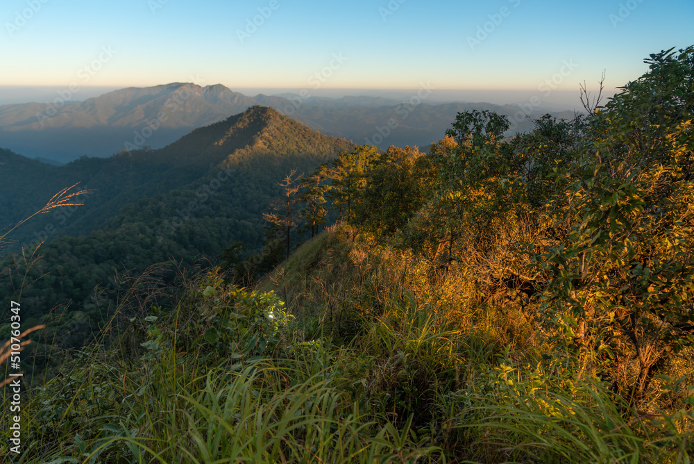 Beautiful  in the mountains. on viewpoint at Doi Pha Ngom, Khun Chae National Park. at Wiang Pa Pao district of Chiang Rai Province Thailand.