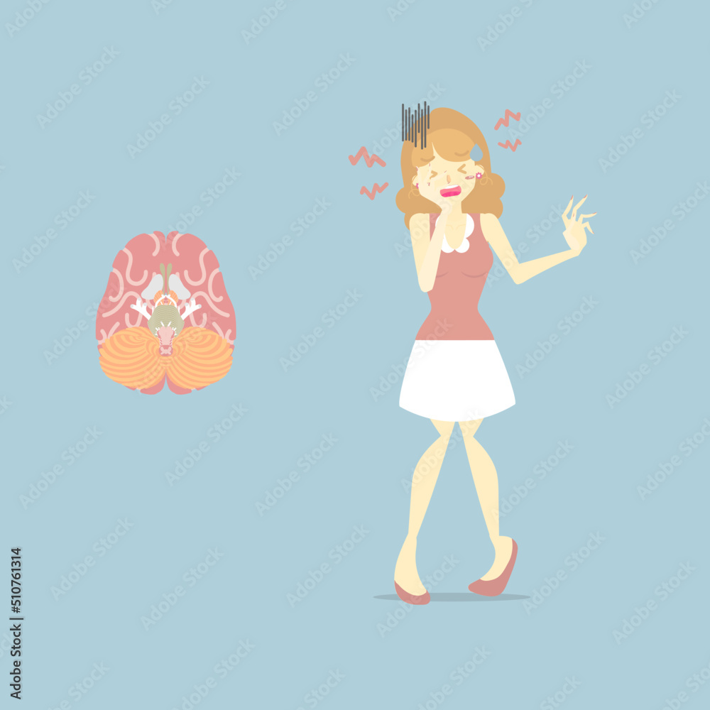 woman with headache and human brain, brain tumor cancer symptom, healthcare concept, internal organs anatomy body part nervous system, vector illustration cartoon flat character design clip art woman with headache and human brain, brain tumor cancer symptom, healthcare concept, internal organs anatomy body part nervous system, vector illustration cartoon flat character design clip art