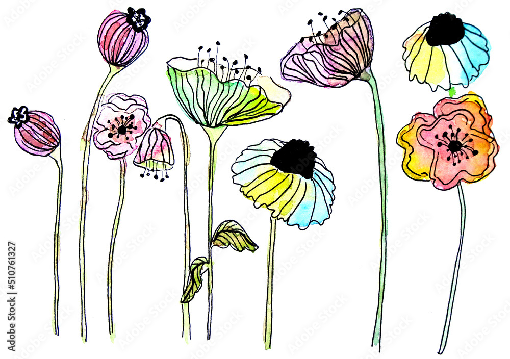 Illustrazione Stock Decorazione floreale, fiori stilizzati ad acquerello, |  Adobe Stock