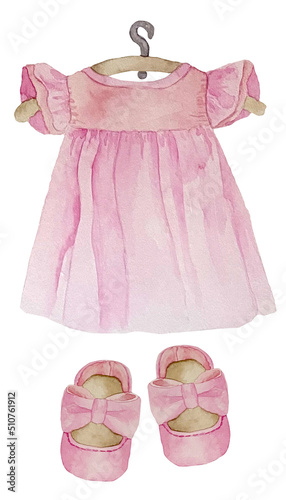 Watercolor baby girl shower set. Its a girl theme with a dress on a hanger and shoes. Its a girl illustration