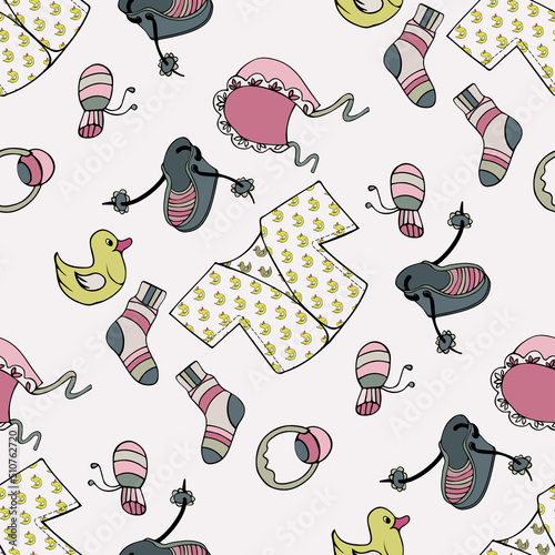Vector set a cartoon drawings by hand, hand-drawn, first baby things, vest, cap, rattle, duck, toys, first, different, markings, first shoes, seamless pattern for textiles, paper