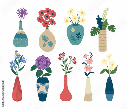 Set with different beautiful bouquets in vases. Blooming spring flowers in elegant ceramic vases. Hand drawn colored vector illustration isolated on white background. Modern flat cartoon style.