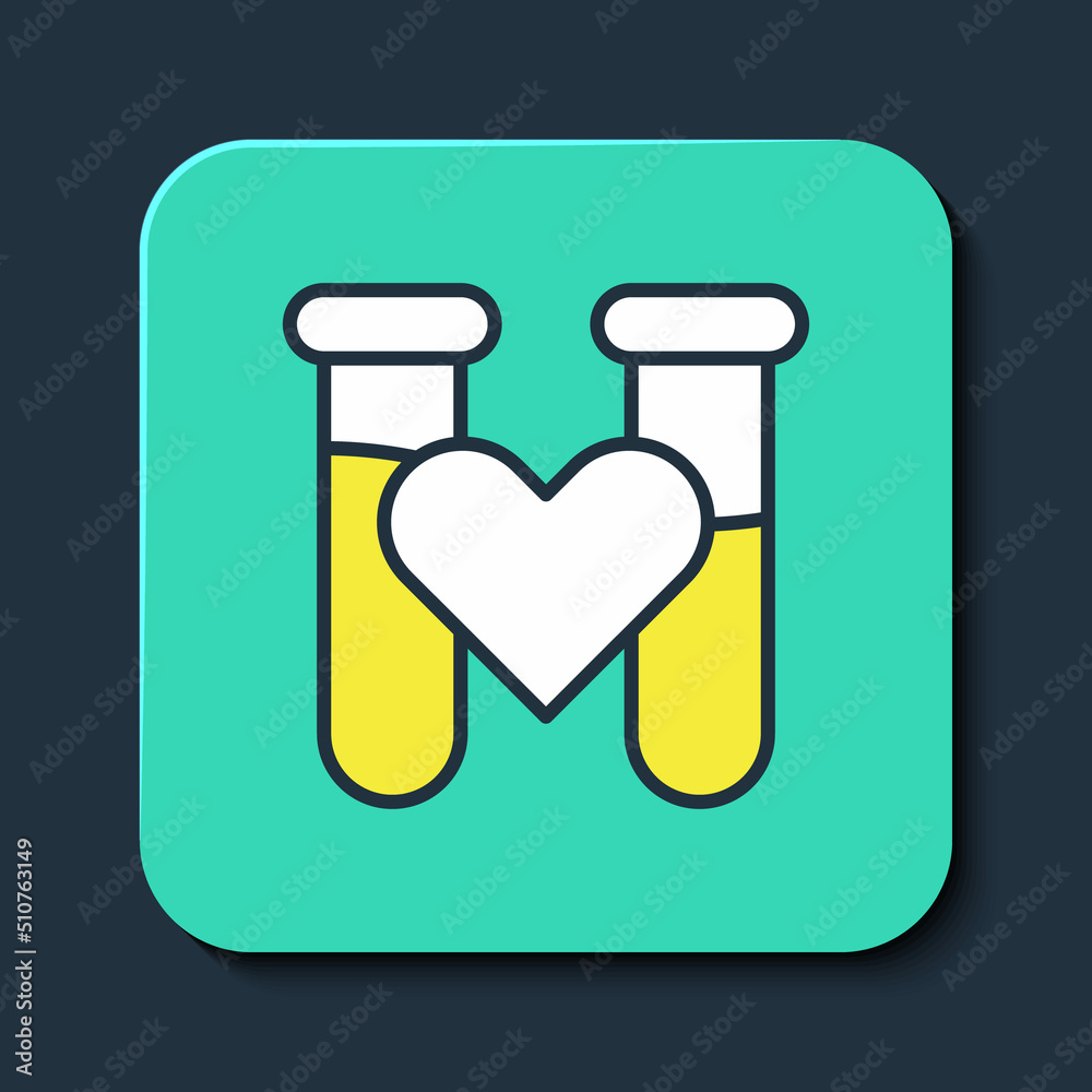 Filled outline Test tube or flask with blood icon isolated on blue background. Laboratory, chemical, scientific glassware sign. Turquoise square button. Vector Filled outline Test tube or flask with blood icon isolated on blue background. Laboratory, chemical, scientific glassware sign. Turquoise square button. Vector