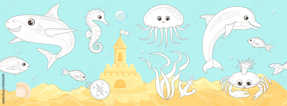 Coloring page outline of cartoon underwater sea life. Undersea landscape with cute shark, dolphin, crab, fish, jellyfish, seahorse and travel stuff. Coloring book for children. Vector illustration. Coloring page outline of cartoon underwater sea life. Undersea landscape with cute shark, dolphin, crab, fish, jellyfish, seahorse and travel stuff. Coloring book for children. Vector illustration.