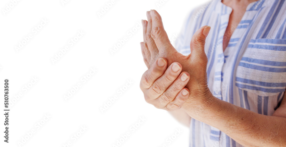 Banner, isolated object. Close-up of a woman's hand that is experiencing joint pain