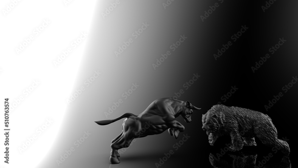 Obraz premium Black painted bull and bear sculpture staring at each other in dramatic contrasting light representing financial market trends under black-white background. Concept images of stock market. 3D CG.