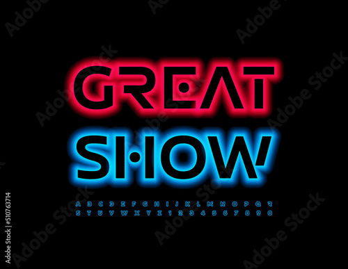 Vector Neon Banner Great Show. Bright Glowing Font. Blue Electric Alphabet Letters and Numbers