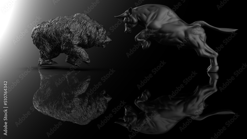 Fototapeta premium Black painted bull and bear sculpture staring at each other in dramatic contrasting light representing financial market trends under black-white background. Concept images of stock market. 3D CG.