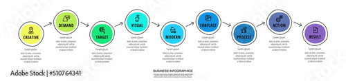 Modern hand-drawn vector infographics with 9 circles and arrows. Concept chart process template with nine steps and symbols. Sketch timeline for business project on white background