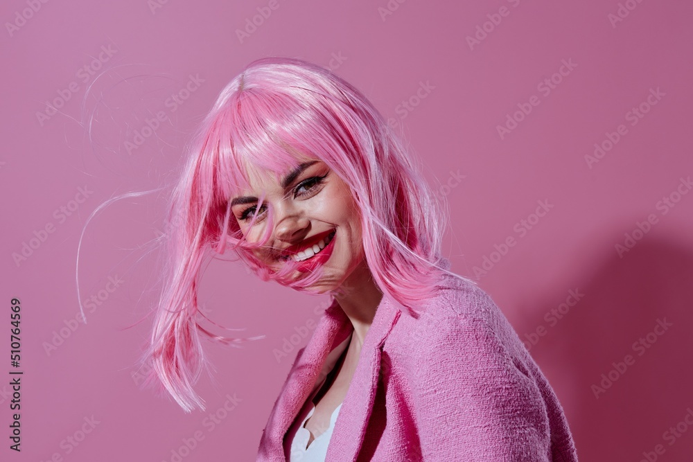 Beauty Fashion woman attractive look pink wig stylish clothes studio model unaltered Beauty Fashion woman attractive look pink wig stylish clothes studio model unaltered