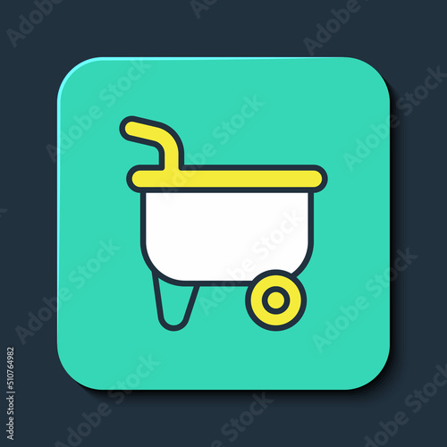 Filled outline Wheelbarrow icon isolated on blue background. Tool equipment. Agriculture cart wheel farm. Turquoise square button. Vector