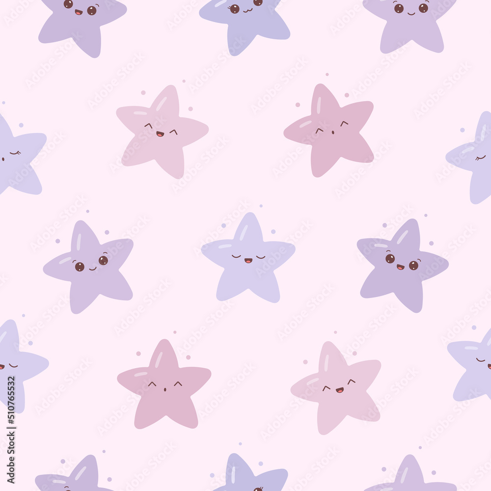 Kawaii seamless pattern with funny stars. Cute print for phone case, backgrounds, fashion, wrapping paper and textile. Vector Illustration