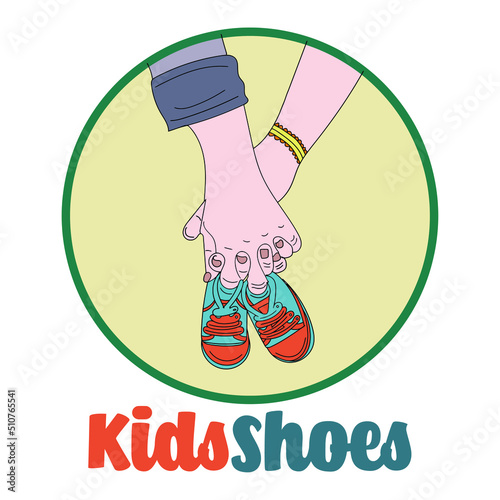 kids footwear logo, child shoes vector, colorful sketch drawing of kids fashion footwear, line art illustration of child footwear