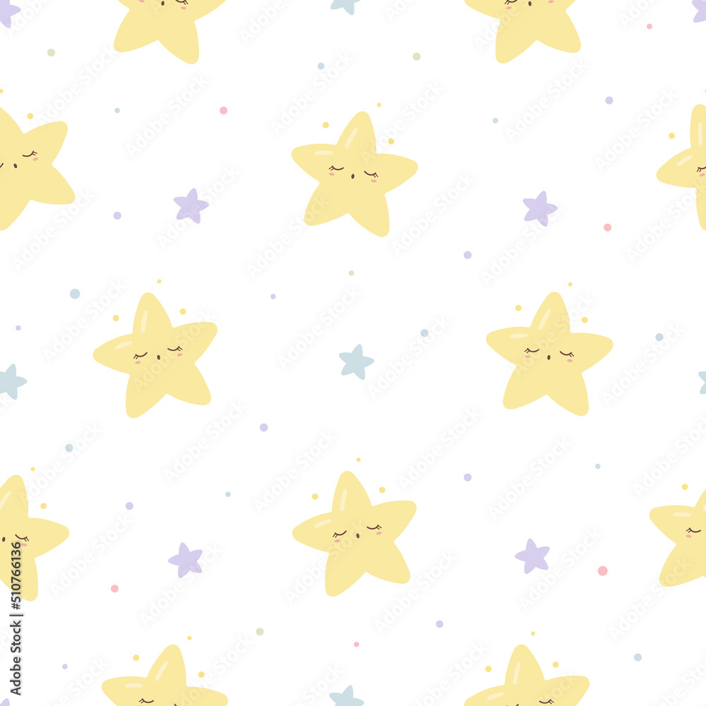 Kawaii seamless pattern with twinkle sleeping stars. Cute print for phone case, backgrounds, fashion, wrapping paper and textile. Vector Illustration Kawaii seamless pattern with twinkle sleeping stars. Cute print for phone case, backgrounds, fashion, wrapping paper and textile. Vector Illustration
