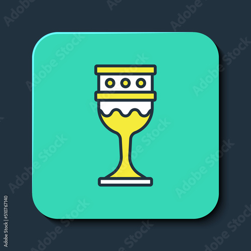 Filled outline Medieval goblet icon isolated on blue background. Holy grail. Turquoise square button. Vector
