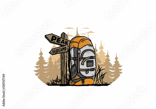 Mountain bag beside the way sign illustration