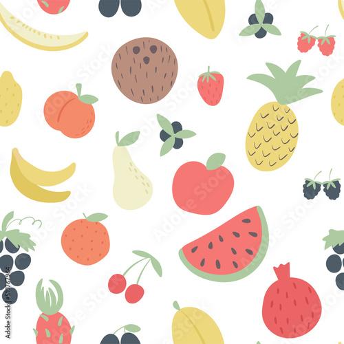 Fototapeta Naklejka Na Ścianę i Meble -  Summer fruit seamless pattern vector. Background exotic tropical fruits. Colorful print with food for textiles, packaging and design. Healthy organic food concept