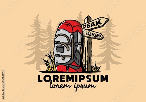 Mountain bag beside the way sign illustration